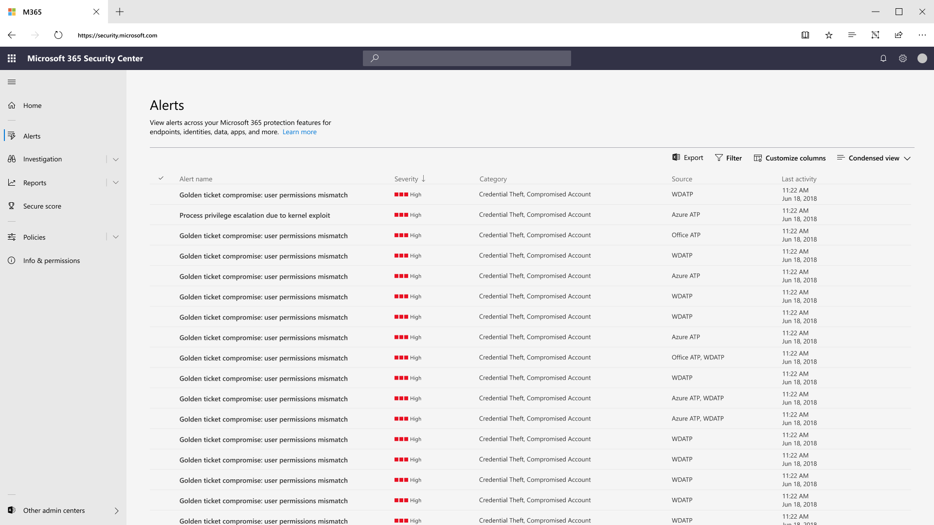 Security alerts view in the new Security Center